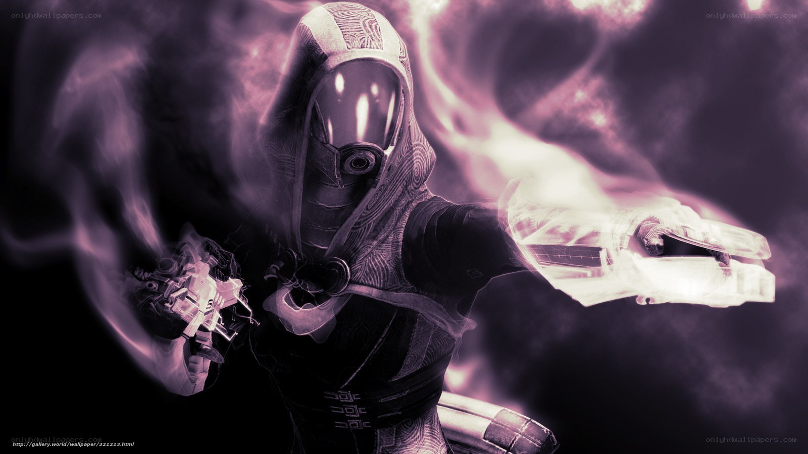 hooded figure with energy weapons