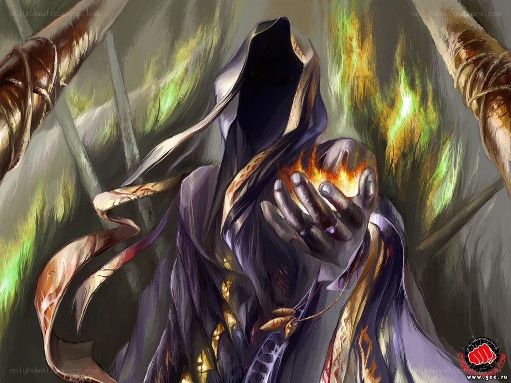 hooded figure with fire orb