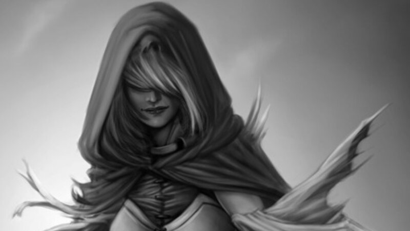 hooded figure with flowing hair