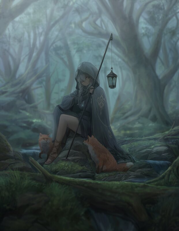 Hooded Figure with Foxes — Green