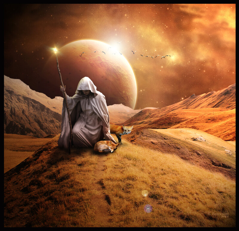 Hooded Figure with Foxes