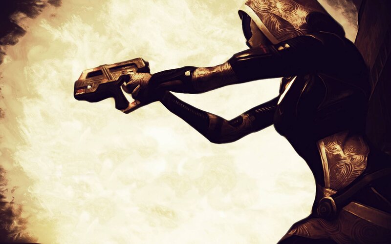 hooded figure with futuristic gun