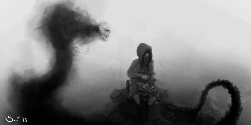 hooded figure with ghostly entity