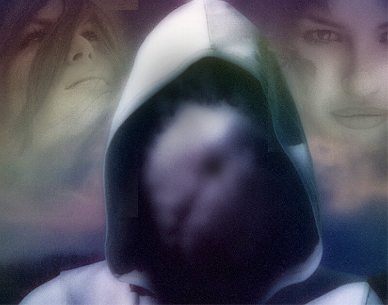 hooded figure with ghostly faces