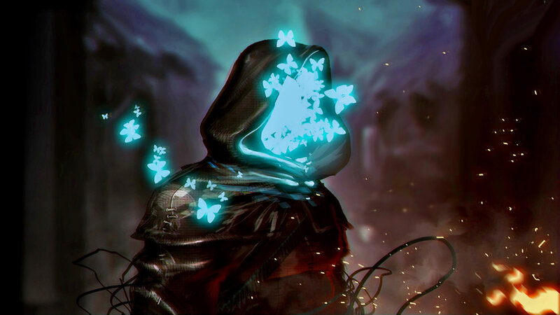 Hooded Figure with Glowing Butterflies — Blue