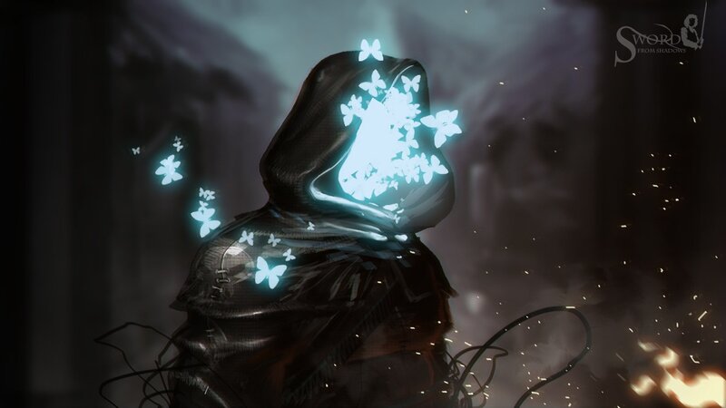 hooded figure with glowing butterflies
