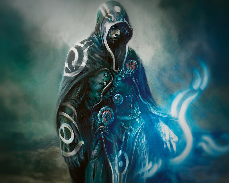 Hooded Figure with Glowing Energy — Blue, Dramatic