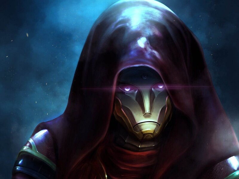 hooded figure with glowing eyes