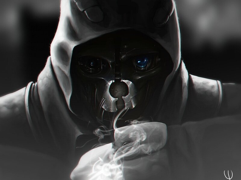 hooded figure with glowing eyes