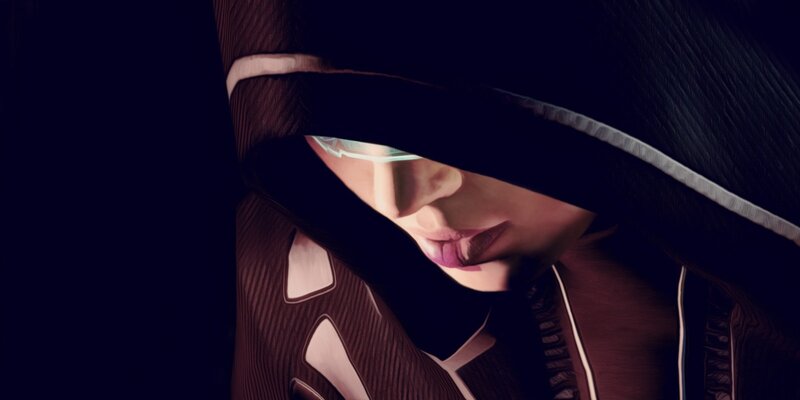 hooded figure with glowing eyes