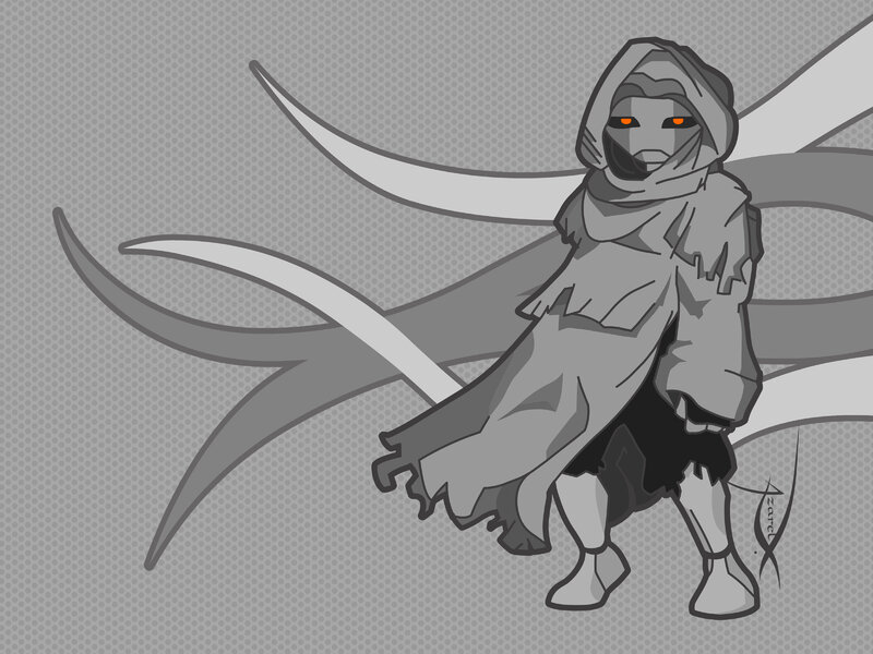 hooded figure with glowing eyes