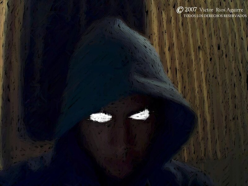 hooded figure with glowing eyes