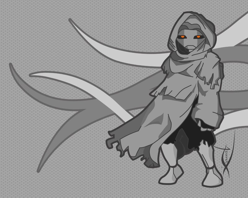 hooded figure with glowing eyes