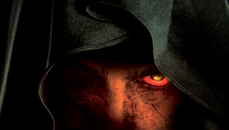 hooded figure with glowing eyes