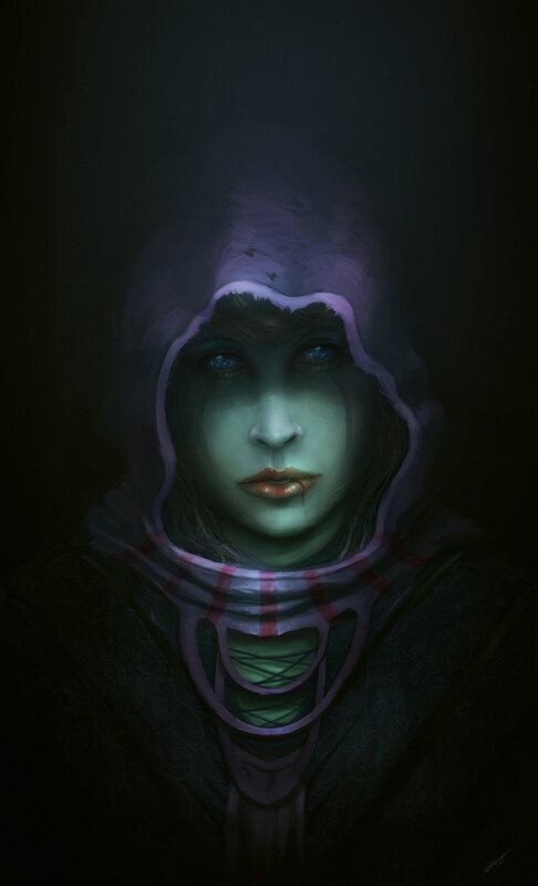 hooded figure with glowing eyes