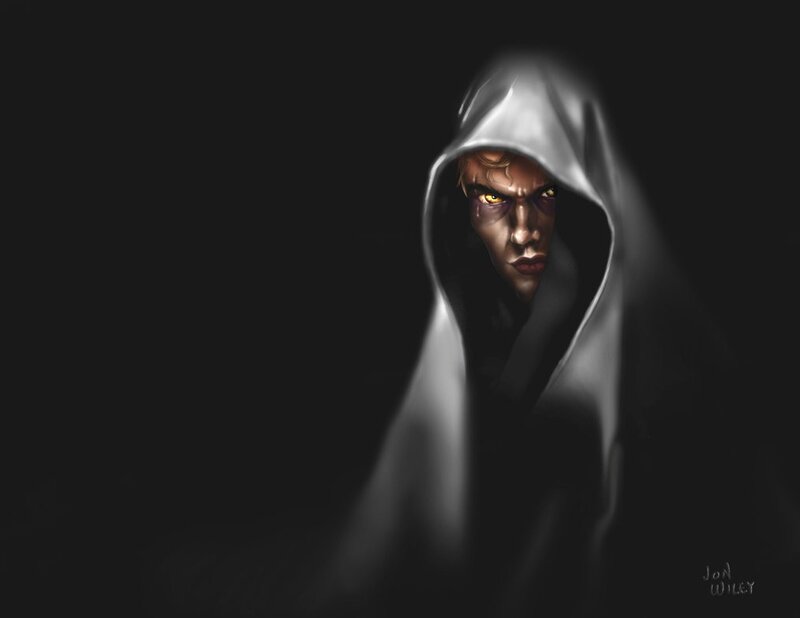hooded figure with glowing eyes