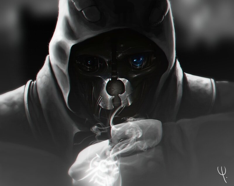 hooded figure with glowing eyes