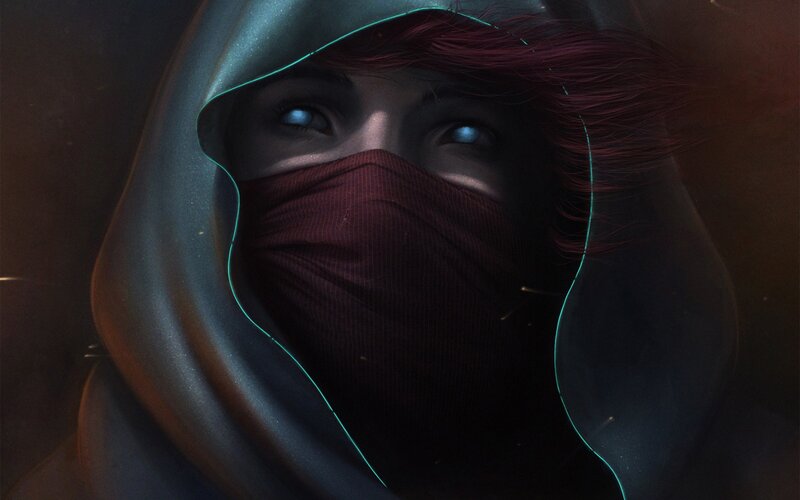 hooded figure with glowing eyes