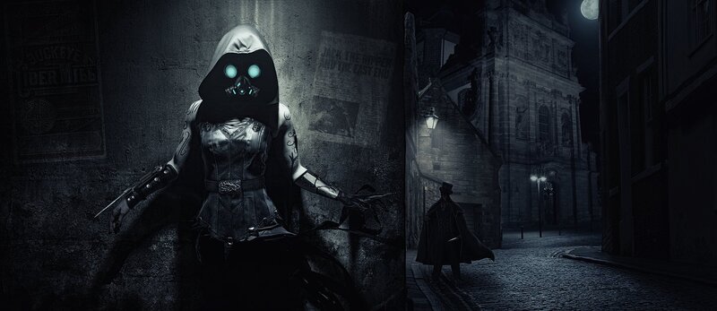 Hooded Figure with Glowing Eyes — Black, Dark, Night