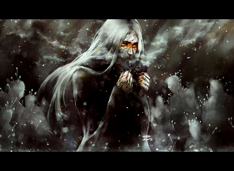 Hooded Figure with Glowing Eyes — Black, Dramatic