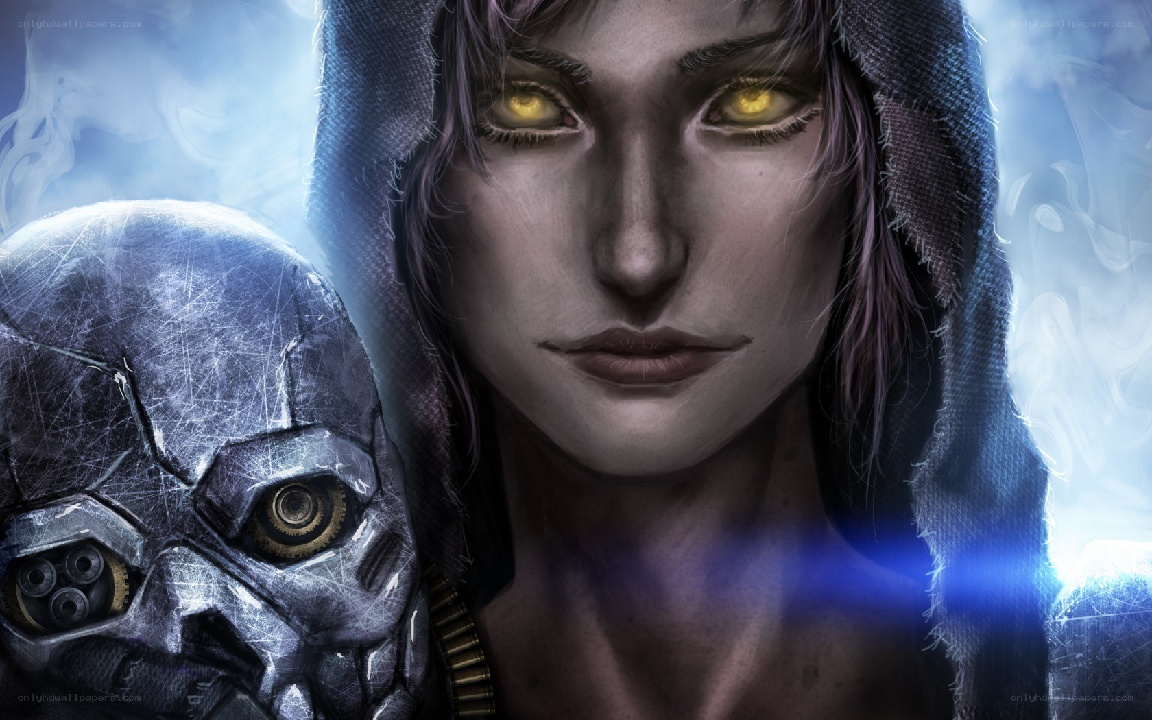 hooded figure with glowing eyes