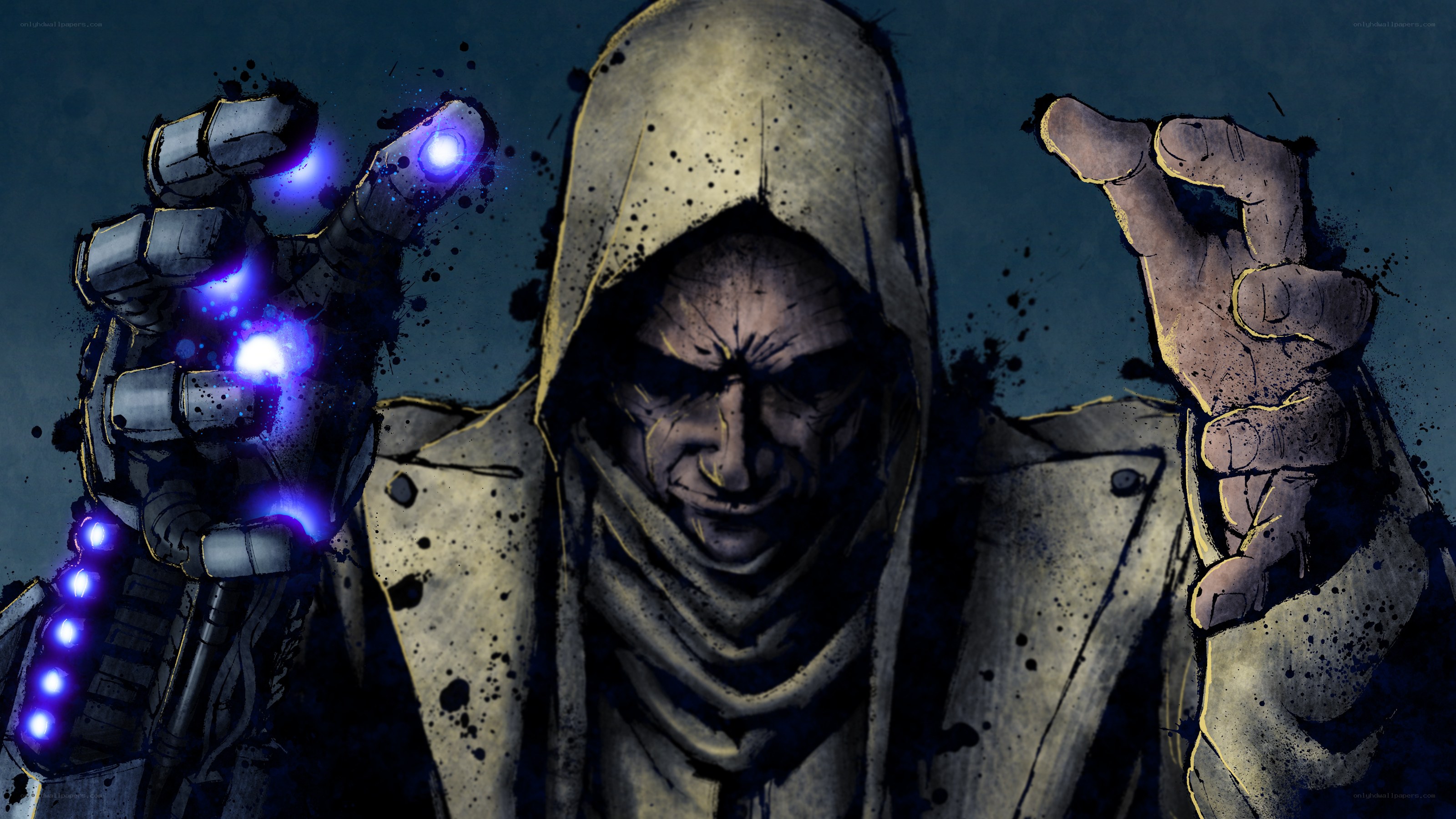 hooded figure with glowing gauntlet