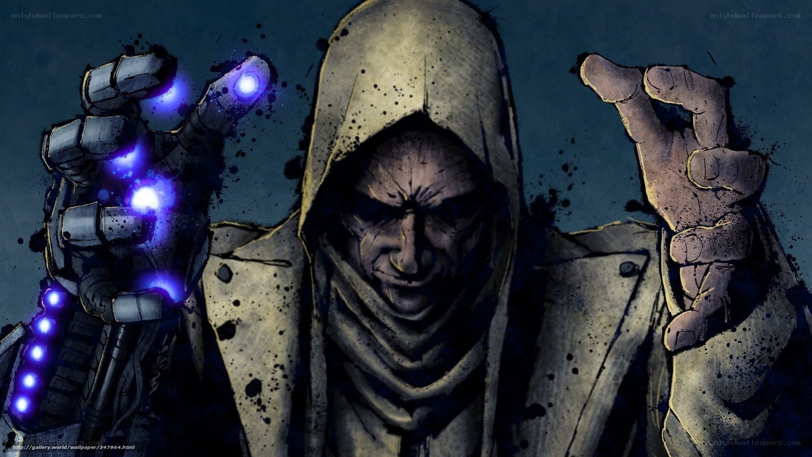hooded figure with glowing gauntlet