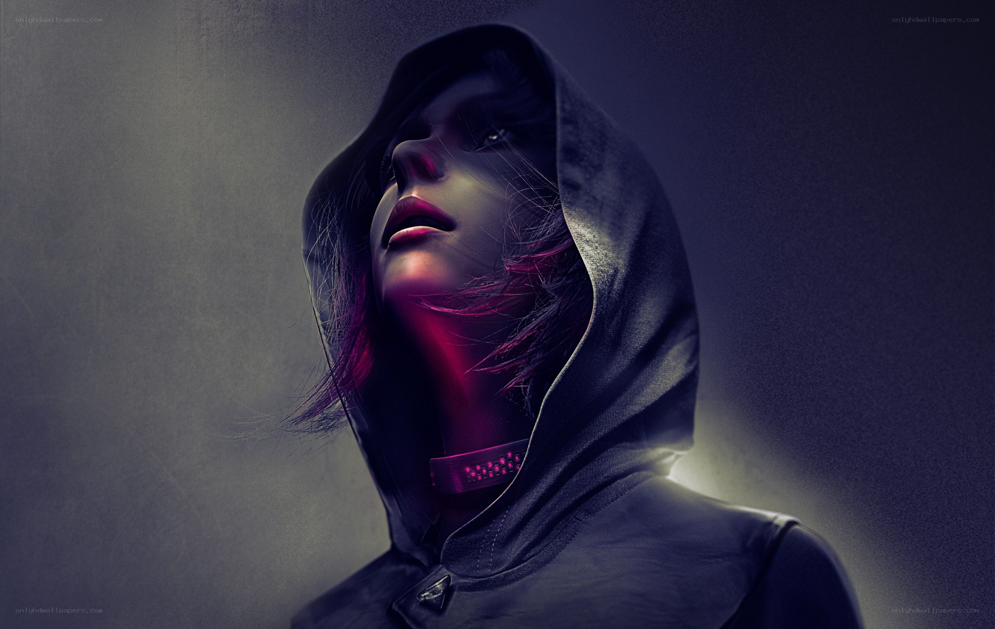 hooded figure with glowing neck
