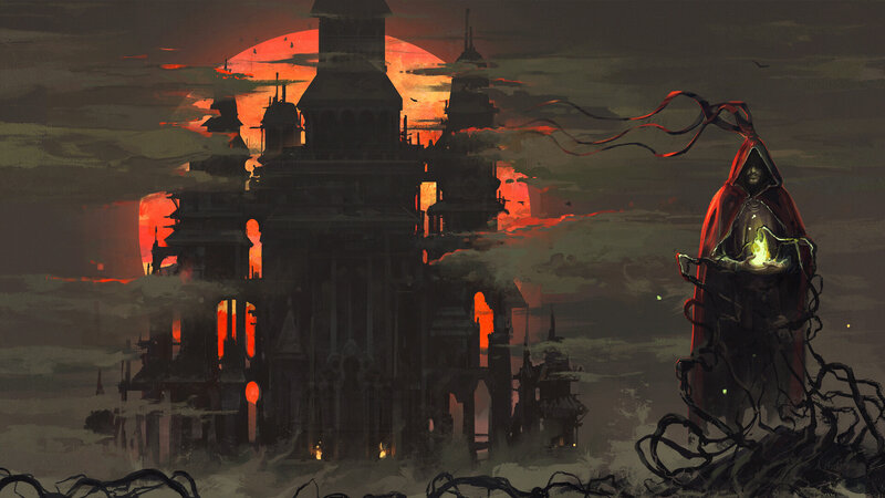 Hooded Figure with Glowing Orb — Red