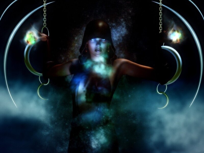 Hooded Figure with Glowing Rings
