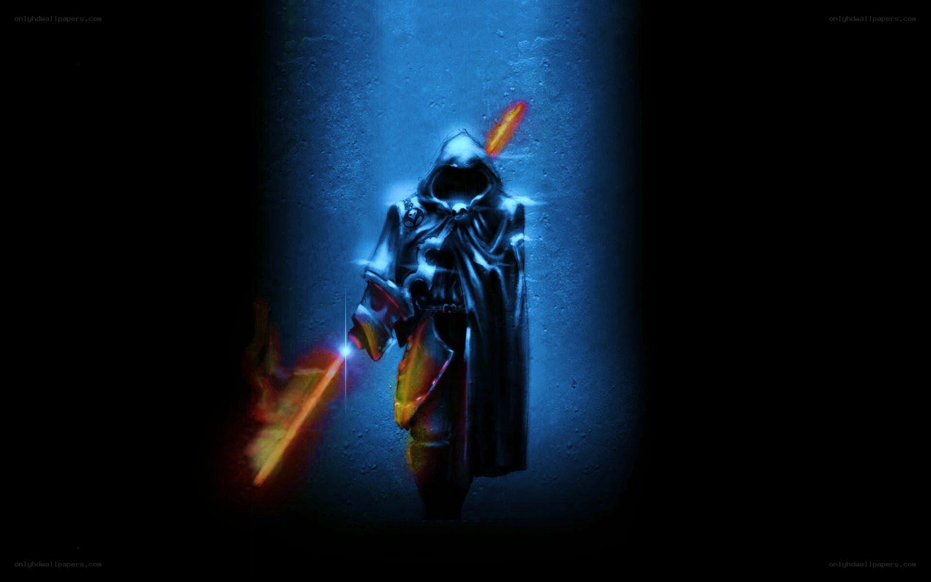 hooded figure with glowing sword
