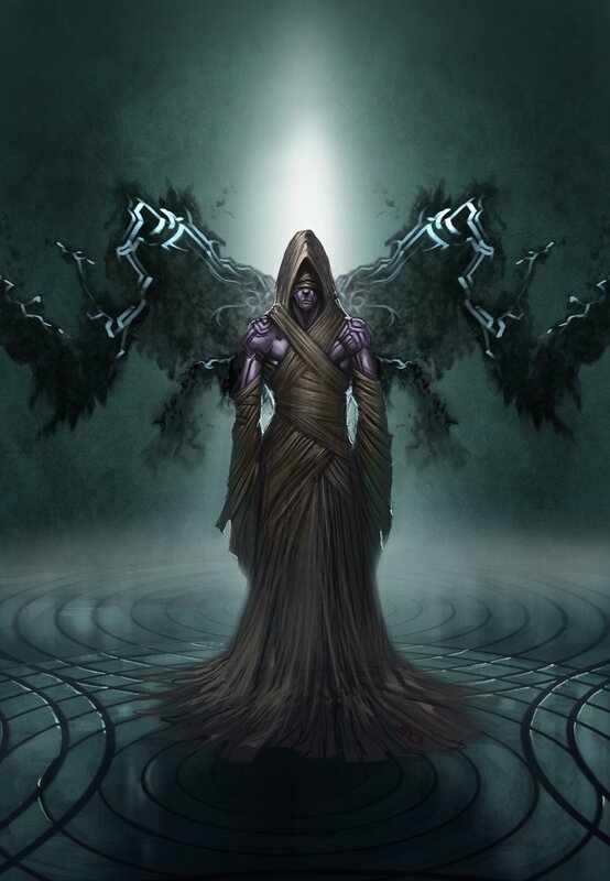hooded figure with glowing wings