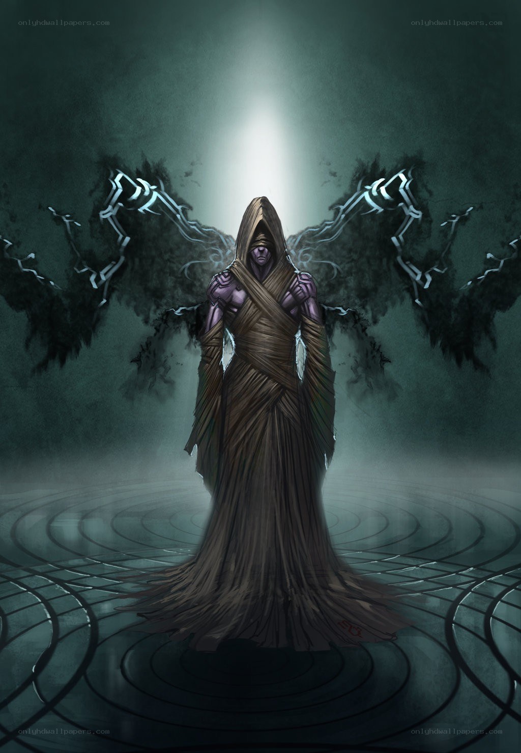 hooded figure with glowing wings