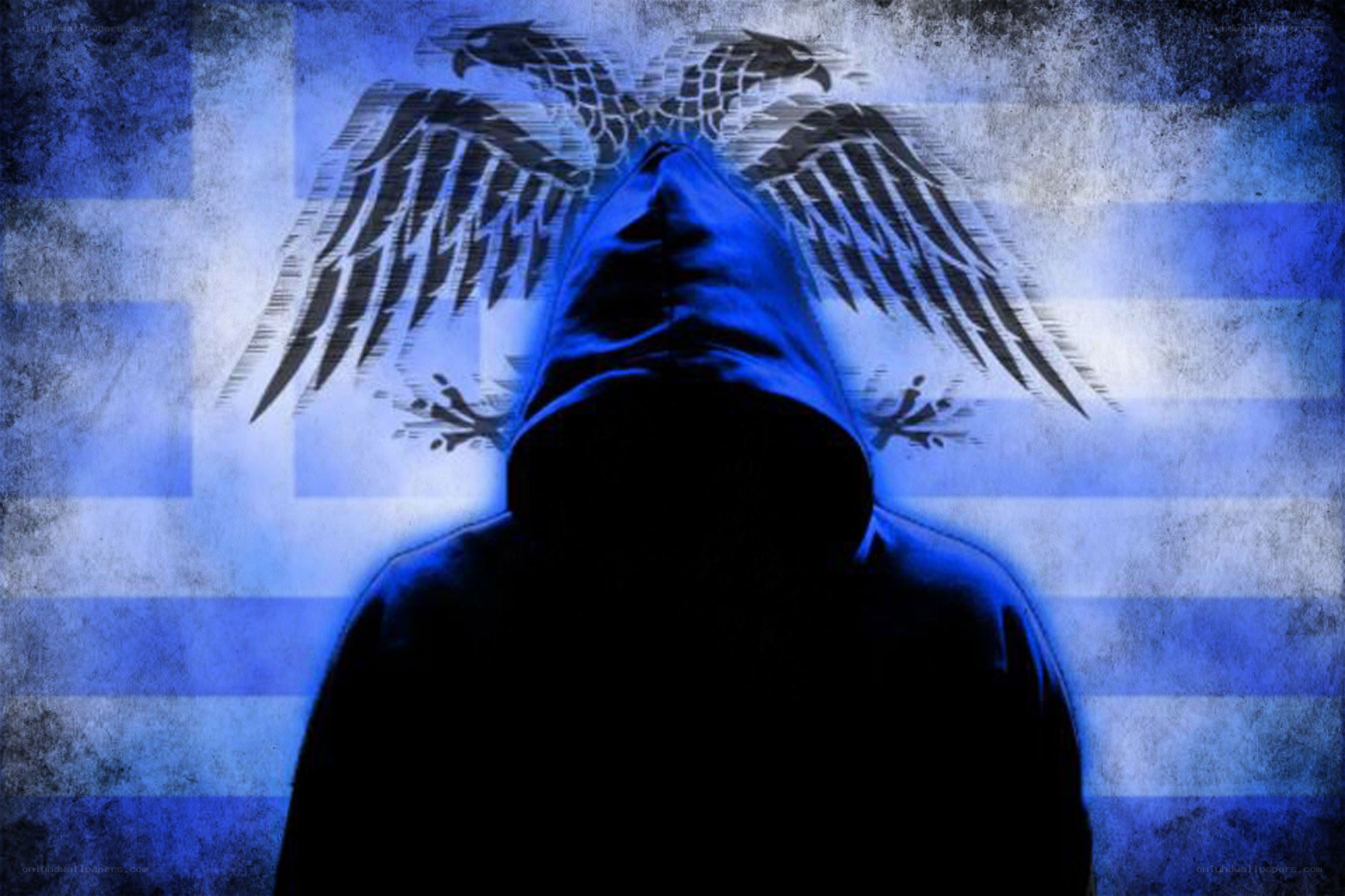 hooded figure with Greek flag