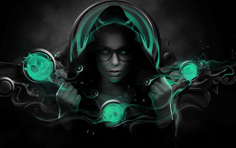 hooded figure with green energy