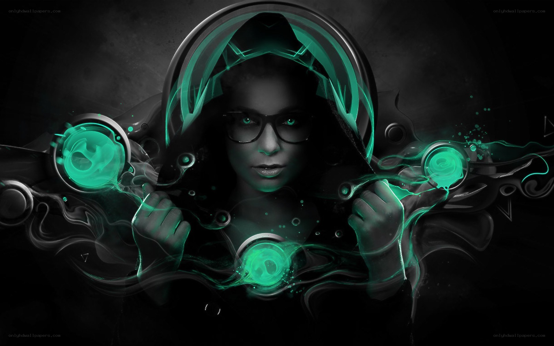 hooded figure with green energy
