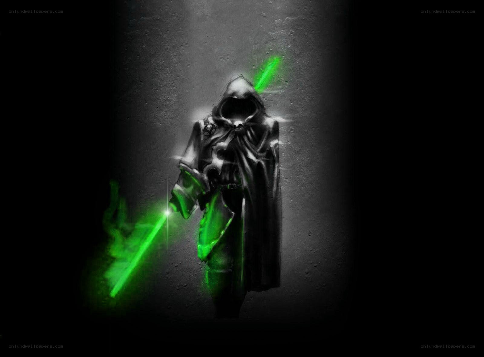 hooded figure with green lightsabers