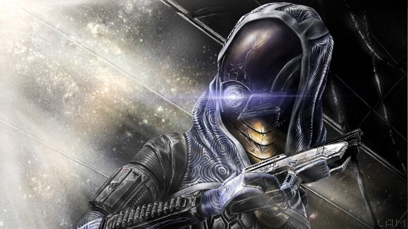 Hooded Figure with Gun — Black, Dramatic, Digital Art, Space