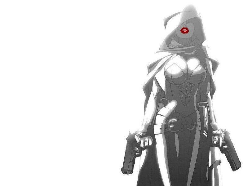 hooded figure with guns