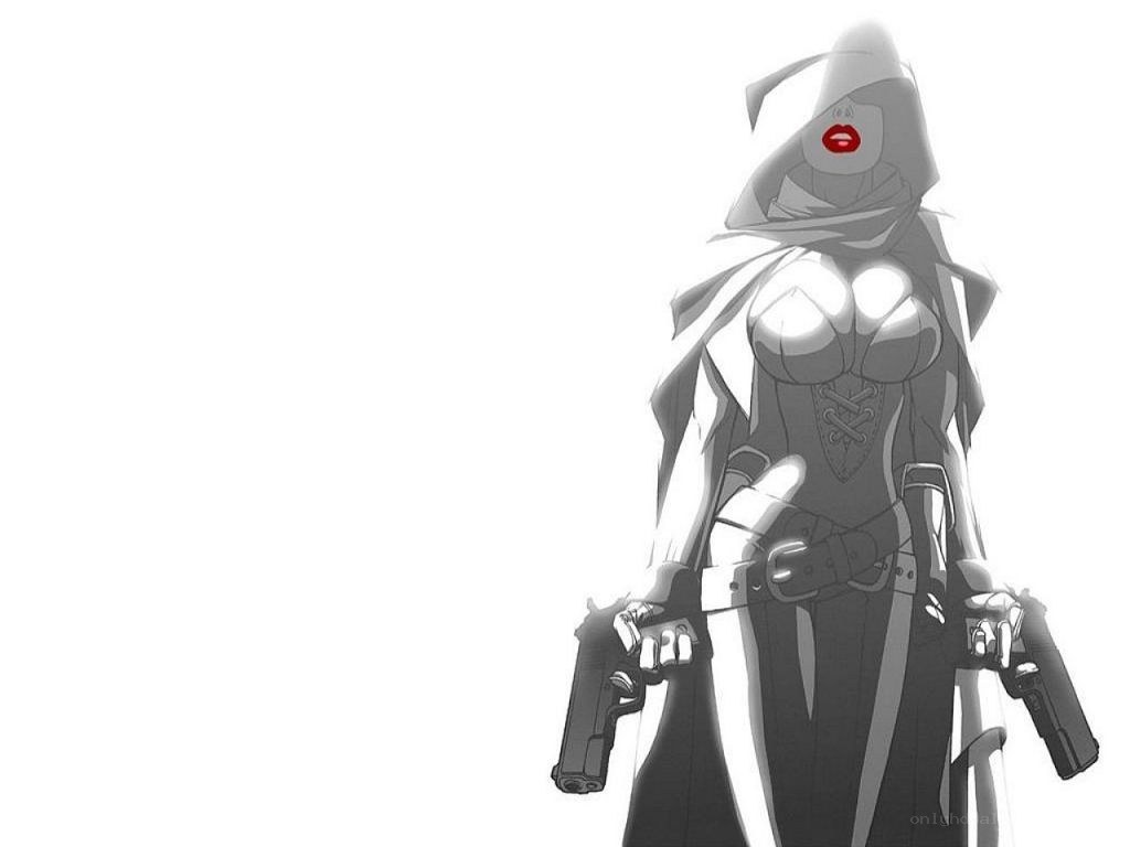 hooded figure with guns