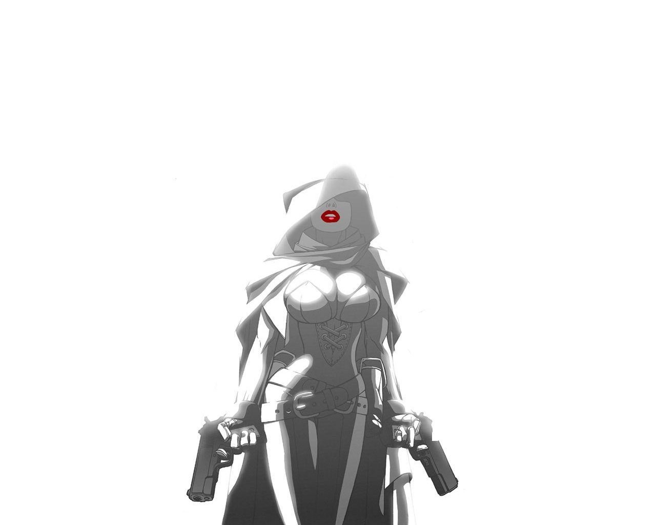 hooded figure with guns