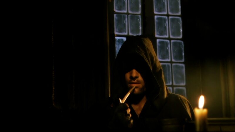 Hooded Figure with Knife — Black, Dark, Tense