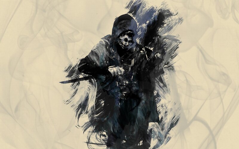 Hooded Figure with Knife — Black, Dramatic, Digital Art, Skull Mask