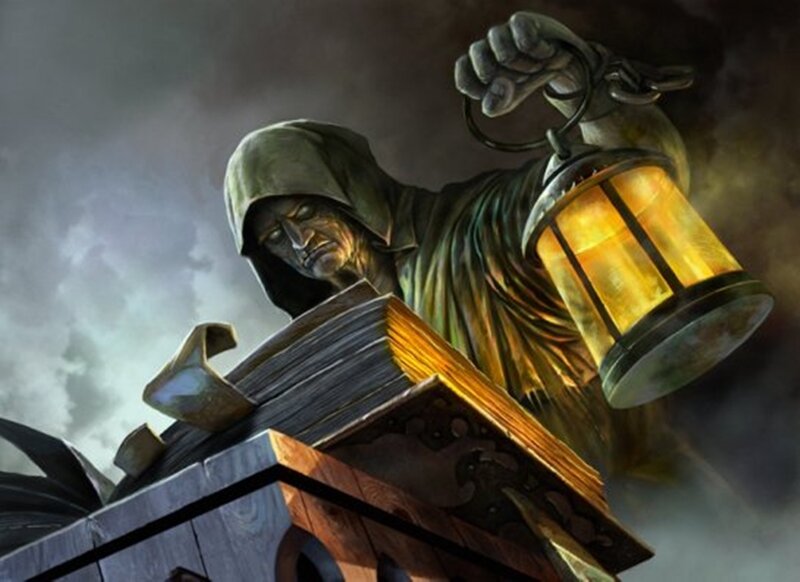 hooded figure with lantern