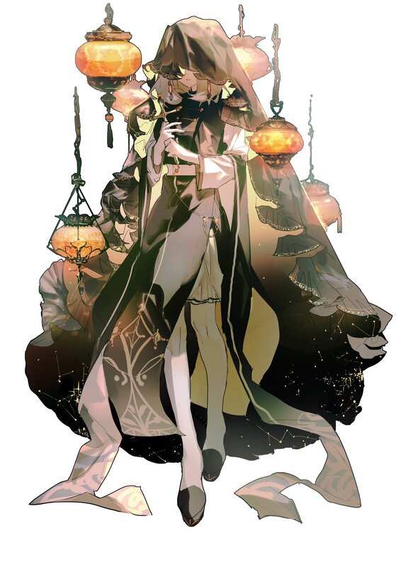 Hooded Figure with Lanterns