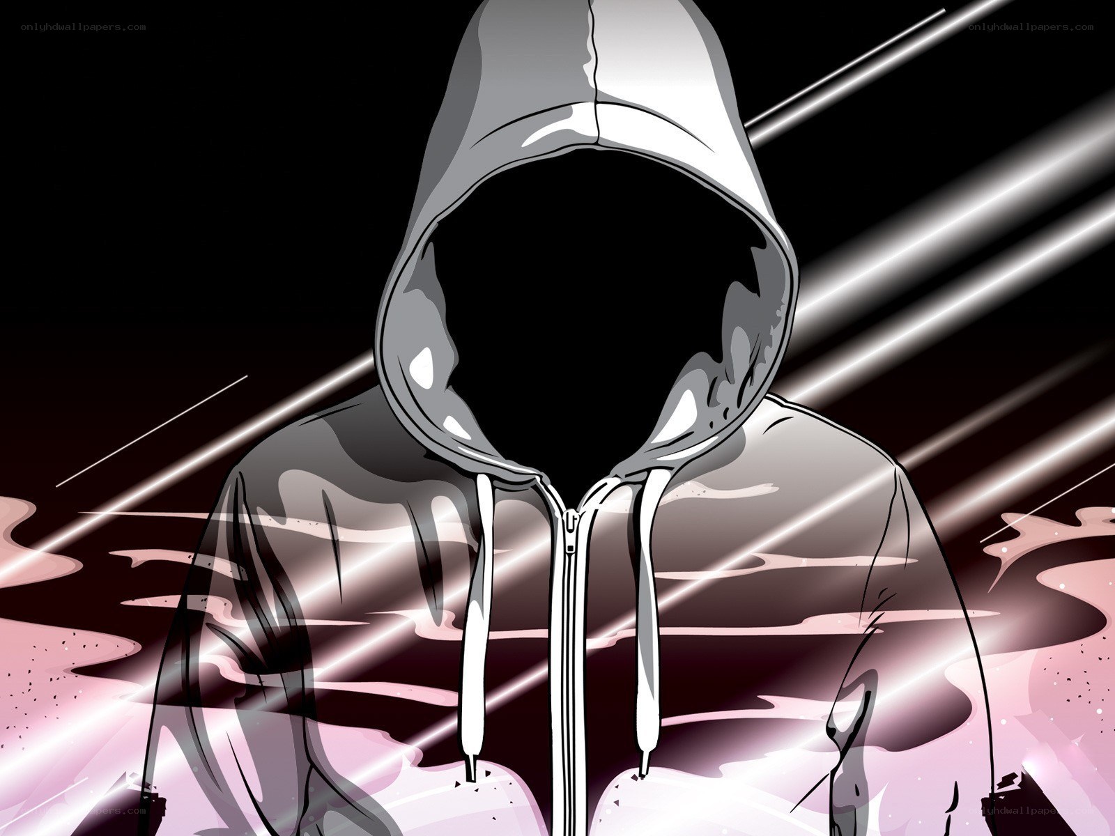 hooded figure with light streaks