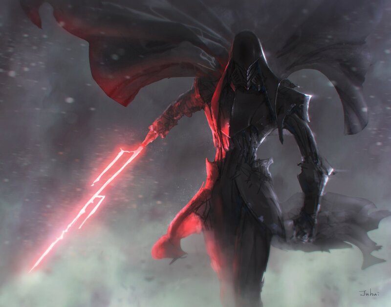 Hooded Figure with Lightsaber — Black, Dramatic, Digital Art, Cape, Armor