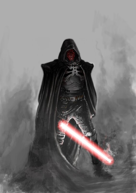 Hooded Figure with Lightsaber — Black, Dramatic, Digital Art, Cape, Mask