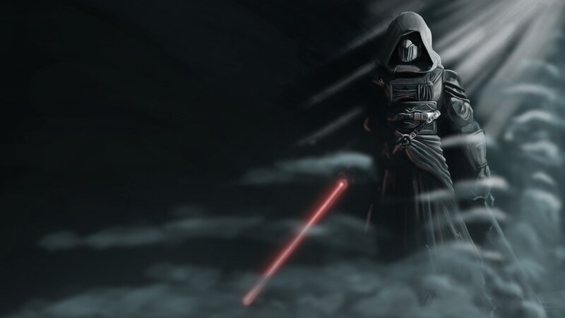 Hooded Figure with Lightsaber — Black, Dramatic, Night, Digital Art, Clouds
