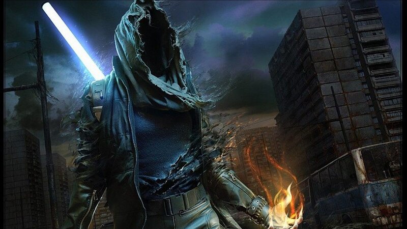 Hooded Figure with Lightsaber — Black, Dramatic, Night, Digital Art, Fire